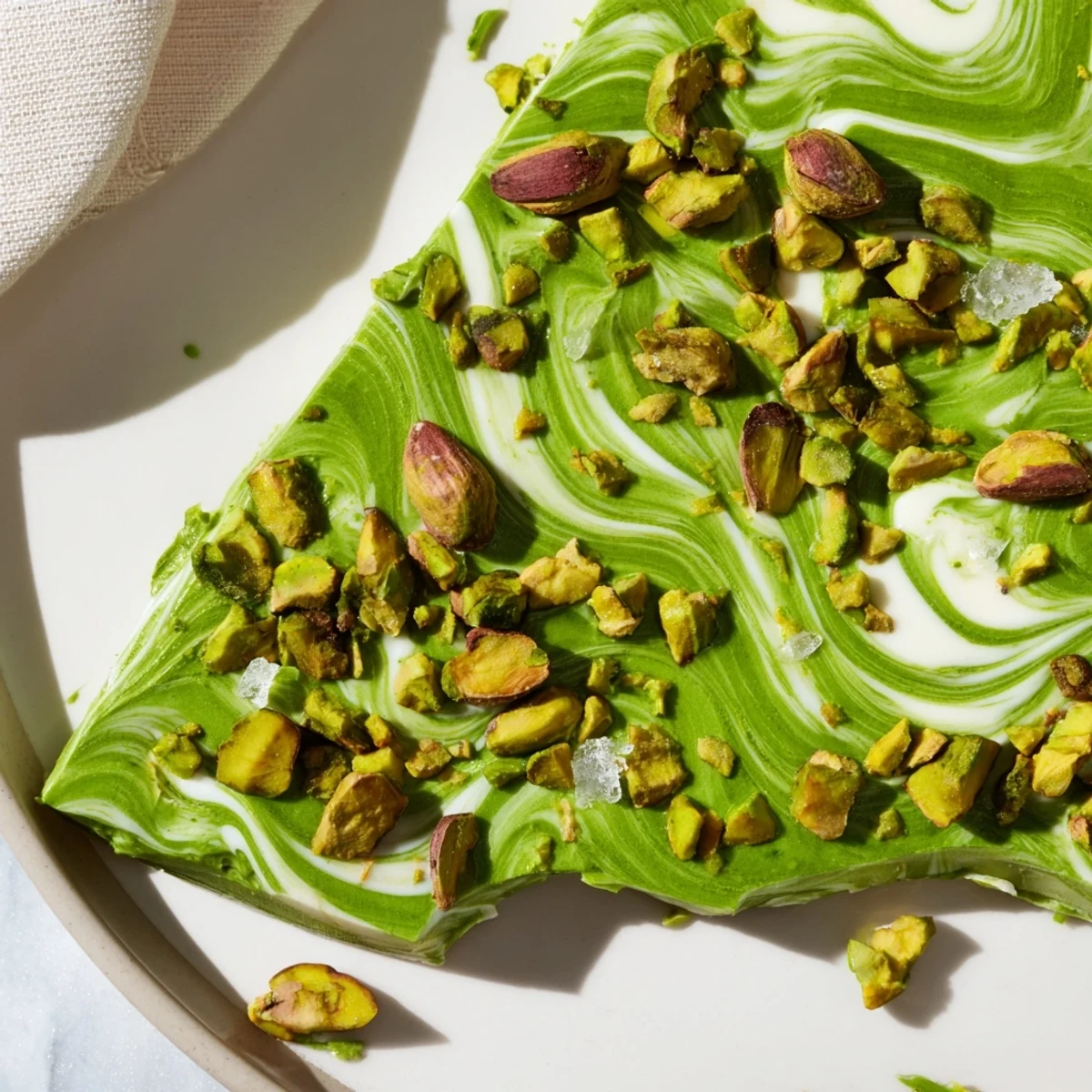 Rich, creamy Pistachio Matcha White Chocolate bark swirled with vibrant green matcha and crunchy pistachios.