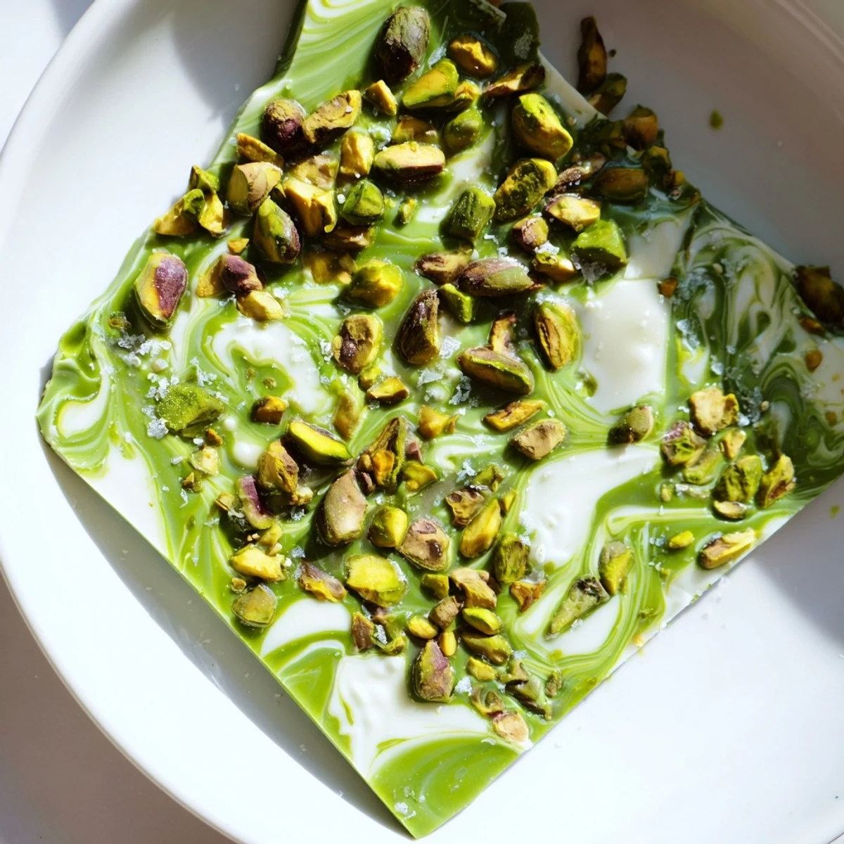 Homemade Pistachio Matcha White Chocolate, a beautiful dessert with a layer of crunchy pistachios on white chocolate.