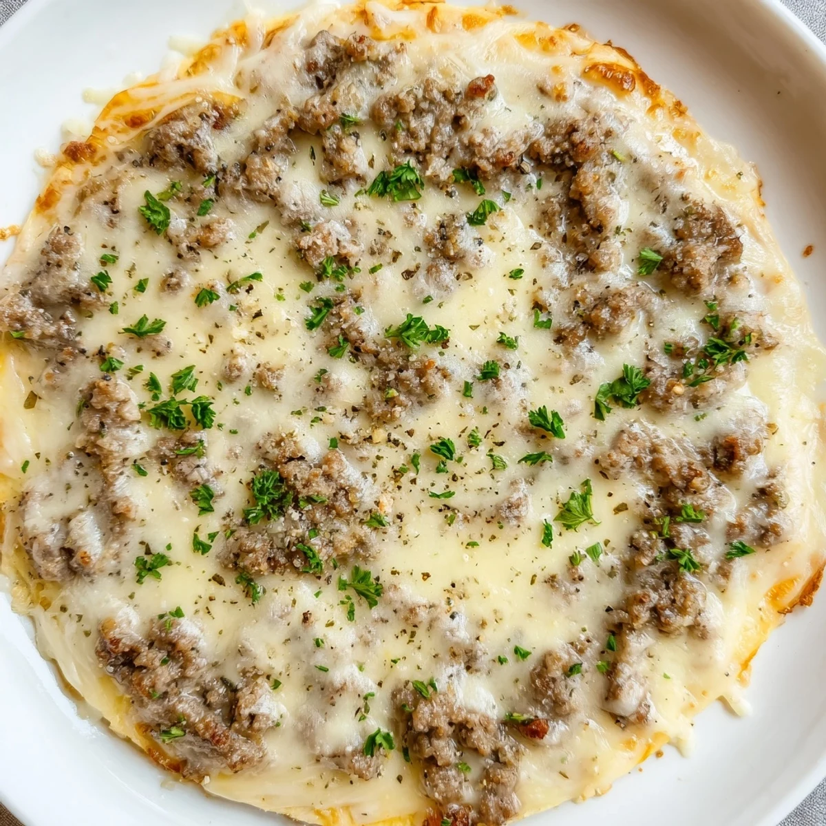 Ground Beef Alfredo Pizza glistening with melted mozzarella and perfectly browned crust, ready to devour.