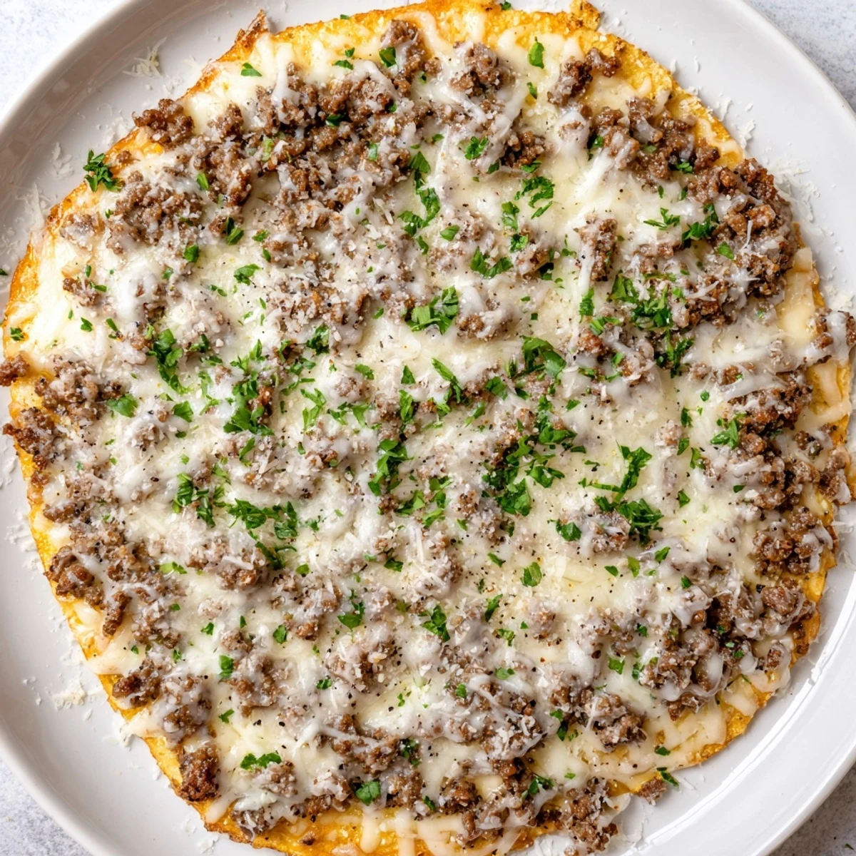 Savory ground beef beautifully complements the creamy Alfredo sauce atop this homemade pizza.