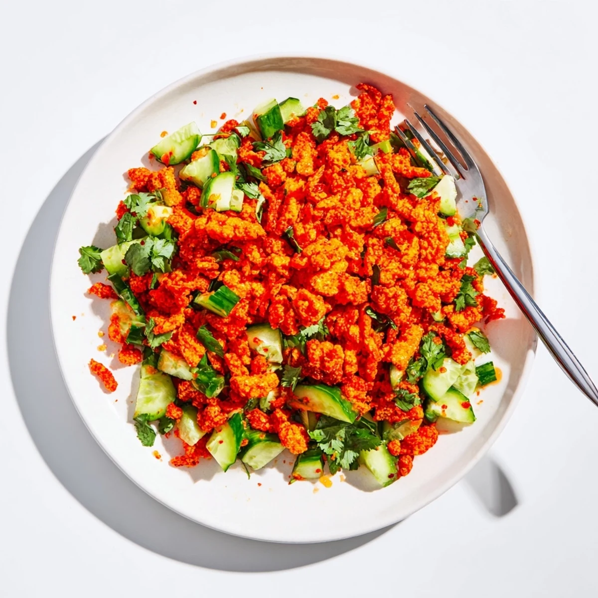 This crunchy Flamin Hot Cheeto Salad features diced cucumber and fresh cilantro tossed in a zesty lime dressing.