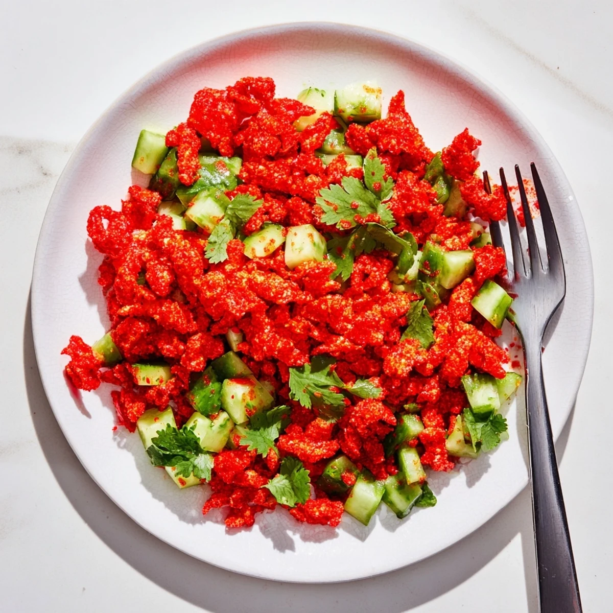 Ready in ten minutes, this quick Flamin Hot Cheeto Salad is served immediately for maximum crunch and zest.