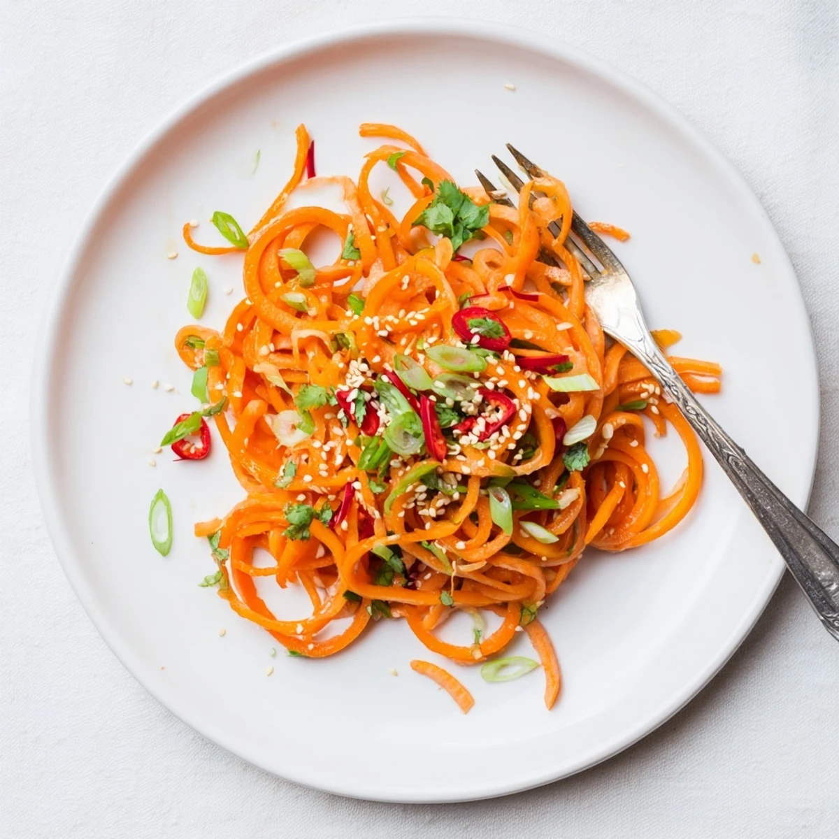 A vibrant Carrot Ribbon Salad Asian-Style features thin carrot ribbons tossed in a savory soy-sesame dressing, garnished with toasted sesame seeds and fresh cilantro.