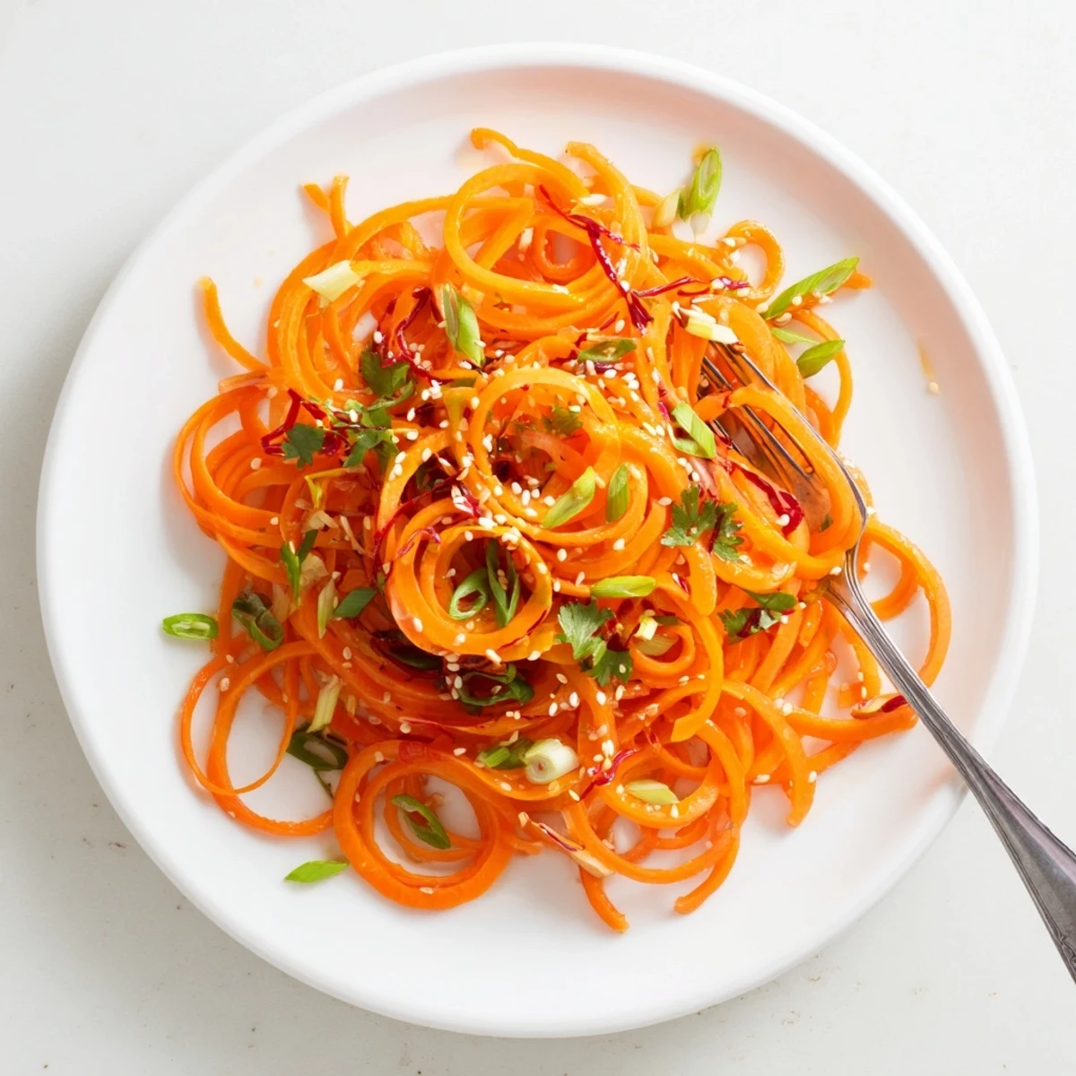 Top-down view of Carrot Ribbon Salad Asian-Style, showcasing bright orange spirals, fresh green onions, and a glossy sesame-lime dressing on a white plate.