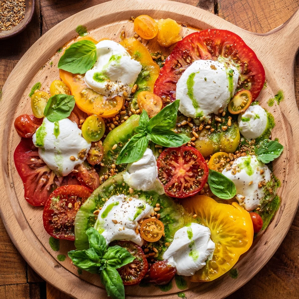Fresh basil leaves and toasted pine nuts garnish the Heirloom Tomato Salad Board, creating a colorful Mediterranean centerpiece.