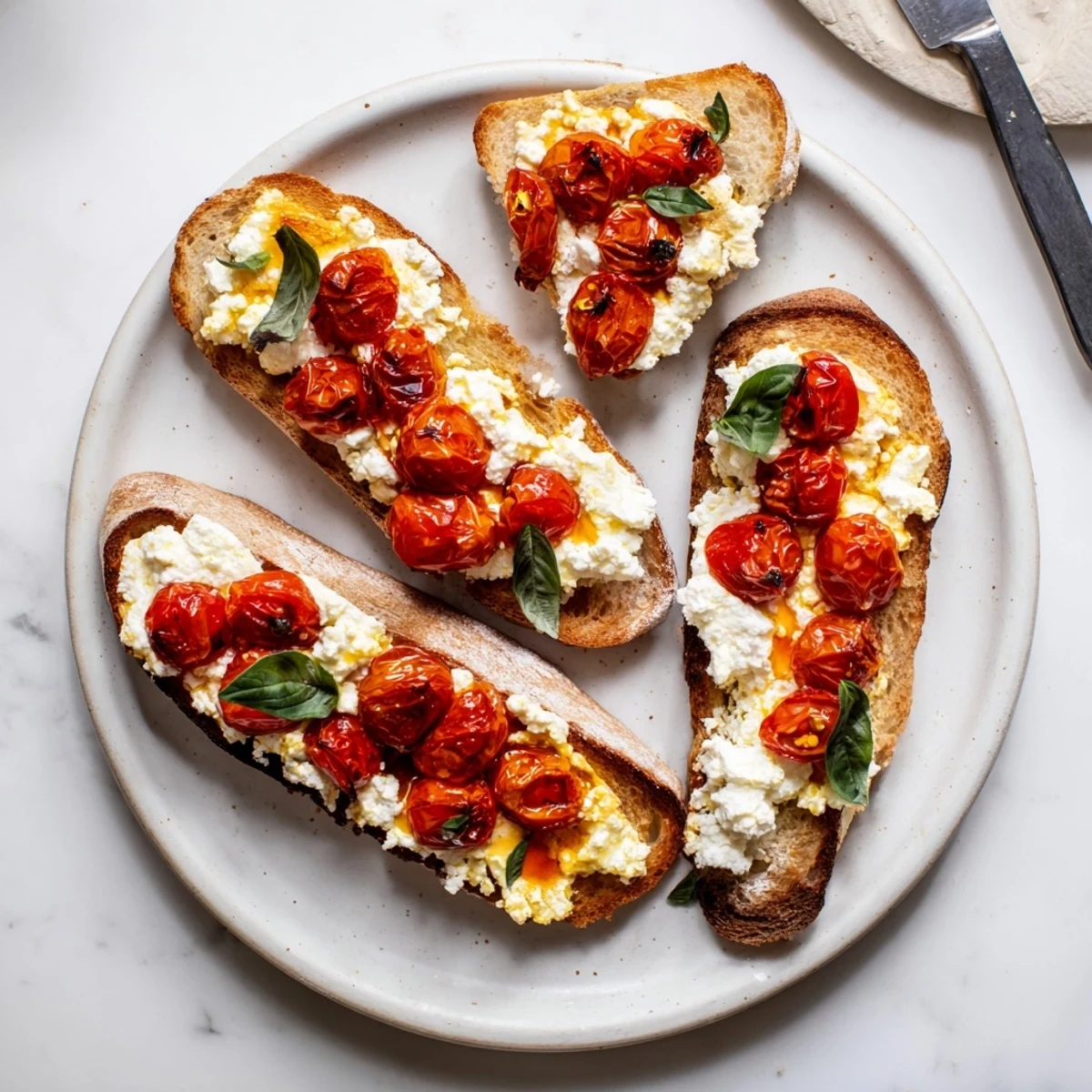 Crusty bread topped with creamy baked feta, sweet roasted tomatoes, and aromatic basil, ready to serve fresh from the oven.