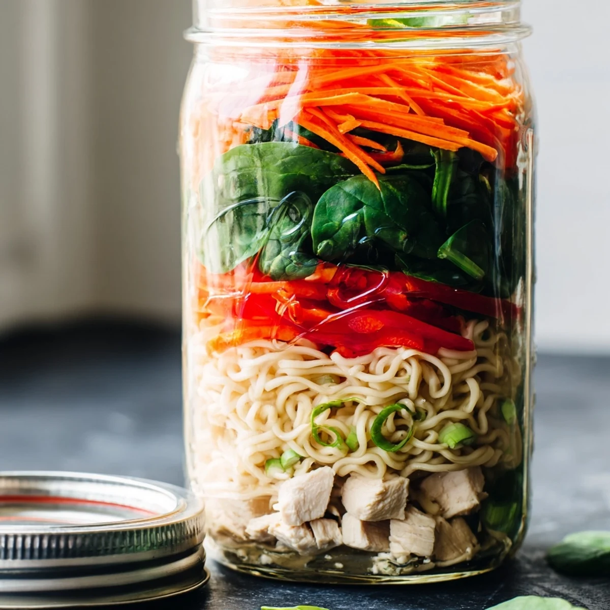 Close-up of layered Mason Jar Noodle Meal Prep with vibrant bell peppers, carrots, and protein in a clear jar.  