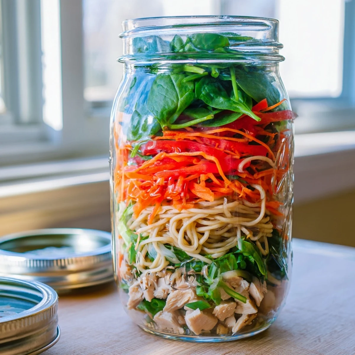 Portable Mason Jar Noodle Meal Prep recipe displayed on a rustic wooden table for lunch inspiration.
