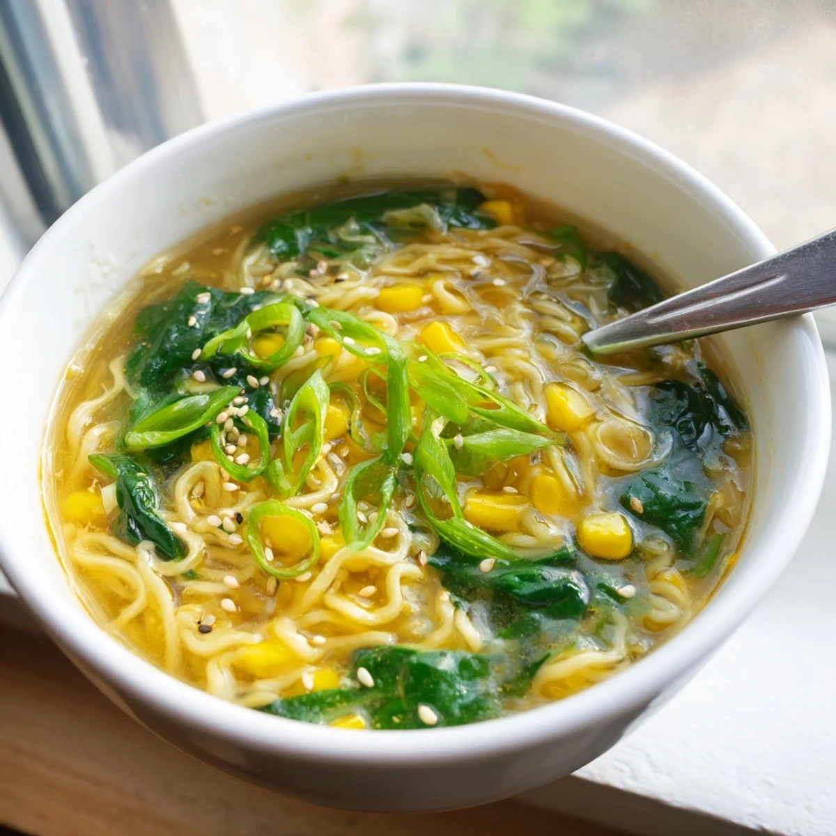 Steamy bowl of Elevated Ramen Egg Drop Soup showcasing silky egg ribbons and vibrant corn and spinach.