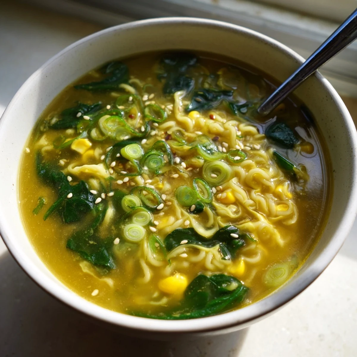 Creamy Elevated Ramen Egg Drop Soup garnished with scallions and sesame seeds for a comforting meal.