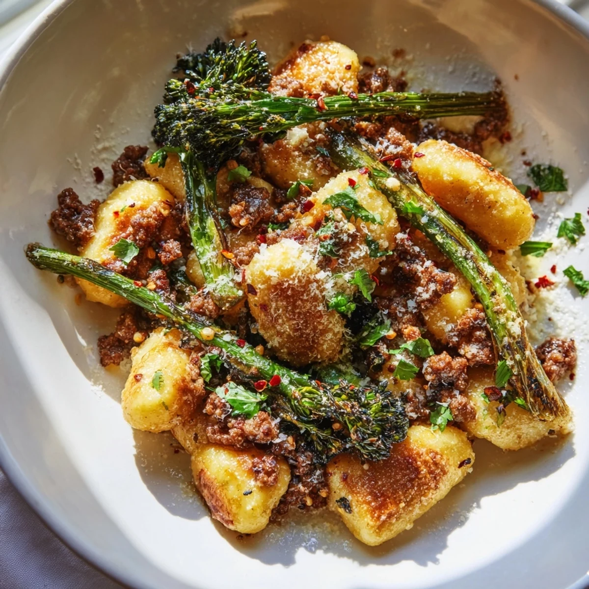 Golden-brown Sheet Pan Gnocchi Bake with crumbled Italian sausage and tender broccolini, garnished with Parmesan and fresh basil.
