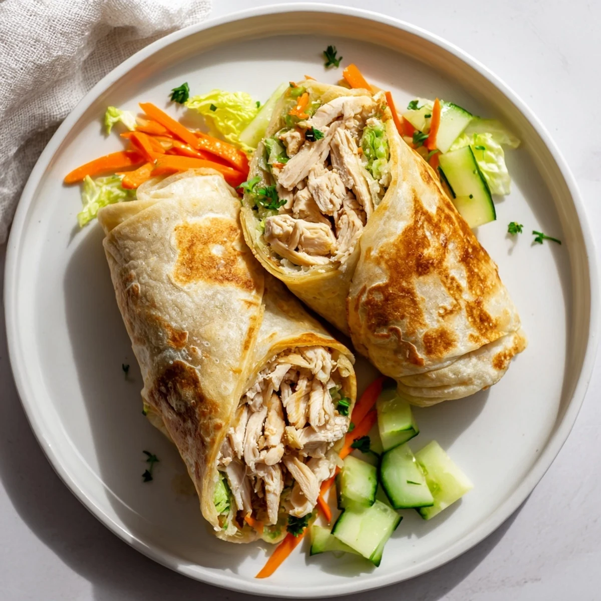Freshly pan-fried garlicky pulled chicken wraps stuffed with crisp lettuce, julienned carrots, and cucumber.  