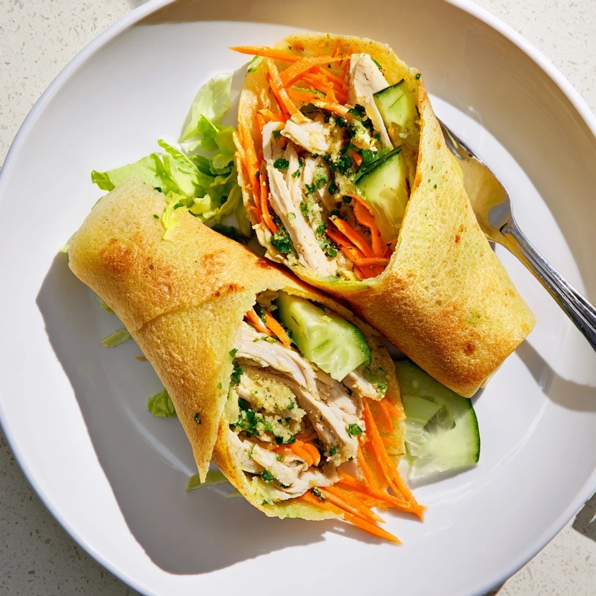 Golden crispy rice paper wraps filled with succulent shredded chicken tossed in rich garlic-butter sauce.  