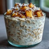 A creamy bowl of overnight oats topped with fresh mango chunks, shredded coconut, and crunchy almonds, perfect for a tropical breakfast.  