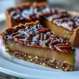 Silky candied yams filling topped with sugared pecans in crisp, buttery pecan crust—a festive fall treat.  