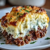 Wholesome shepherd's pie with cauliflower mash topping, featuring a hearty meat and veggie base crowned with smooth, buttery cauliflower purée.