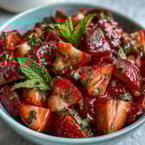 Refreshing summer fruit salad featuring strawberries, grapes, and pineapple tossed in homemade lemonade syrup with a hint of mint.