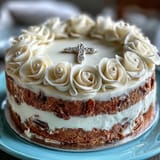 Classic vanilla sponge cake decorated with silky buttercream, delicate white roses, and a symbolic cross centerpiece.  