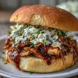Tender slow-cooked chicken smothered in smoky barbecue sauce, served on fluffy buns for a hearty, satisfying meal.  