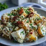 A vibrant bowl of Classic Deviled Egg Potato Salad featuring tender potatoes, crisp celery, and a tangy mustard dressing.  