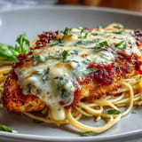 Air fryer chicken parmesan featuring juicy breaded chicken topped with rich marinara and bubbling cheese, garnished with fresh basil leaves.  