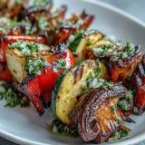 Smoky, colorful grilled veggie kabobs generously drizzled with fresh chimichurri sauce.