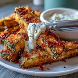 Air fried pickle fries, a delightful, tangy snack with creamy dipping sauce.