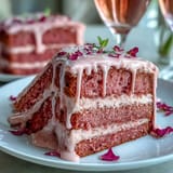Luxurious rosé velvet cake, perfectly frosted, with a decadent gold cascade.