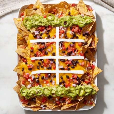 A delicious Football Field Nacho Platter, layered with melted cheese and fresh toppings, ready to enjoy.