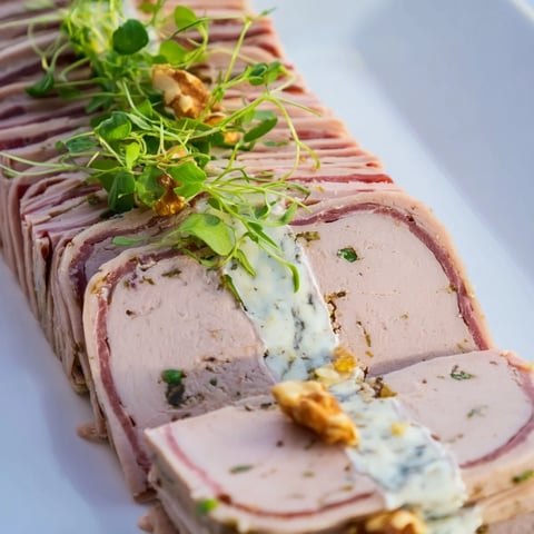 A vibrant cross-section of The Grand Canyon Rim terrine, showcasing layered meats and blue cheese river.