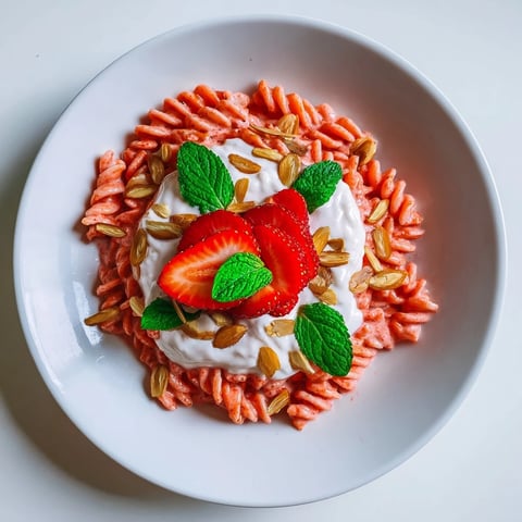 Sweet strawberry yogurt pasta glistening with vibrant red strawberries and creamy yogurt sauce.