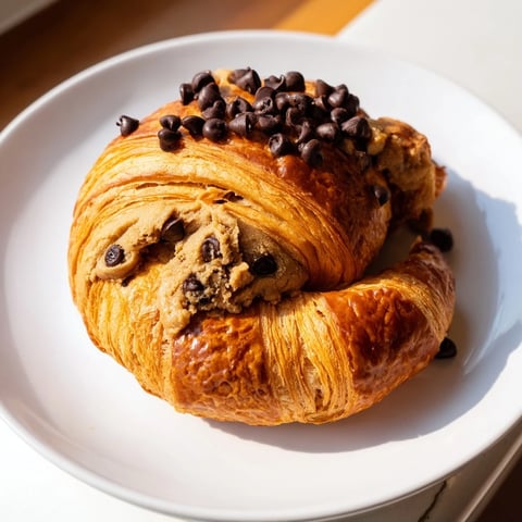 Golden, flaky Chocolate Cookie Croissants, fresh from the oven, offering a delightful blend of textures.