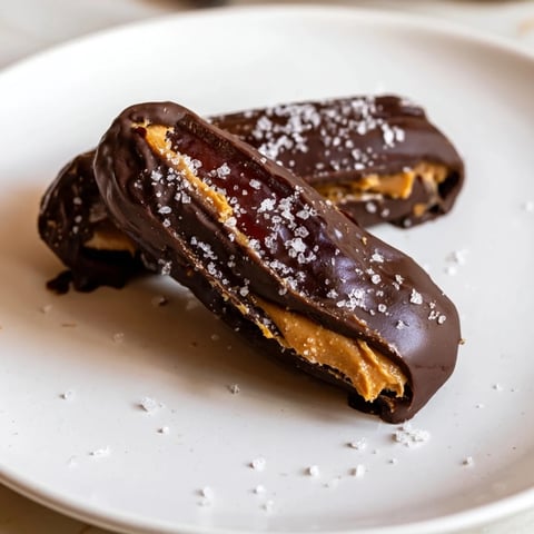 Chocolate peanut butter dates: a close-up shows the decadent dessert, drizzled with chocolate and salt.