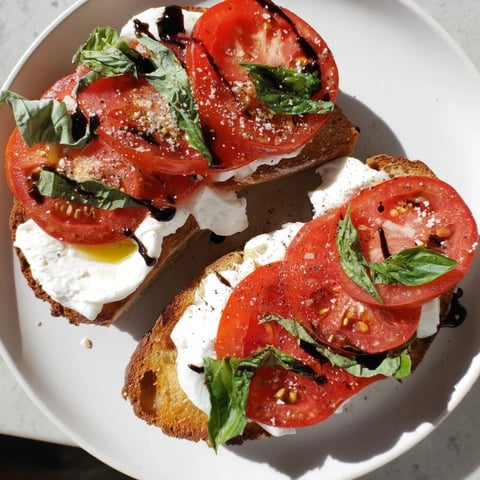 Golden sourdough Tomato Burrata Toast, topped with juicy tomatoes, creamy cheese, and fragrant basil.