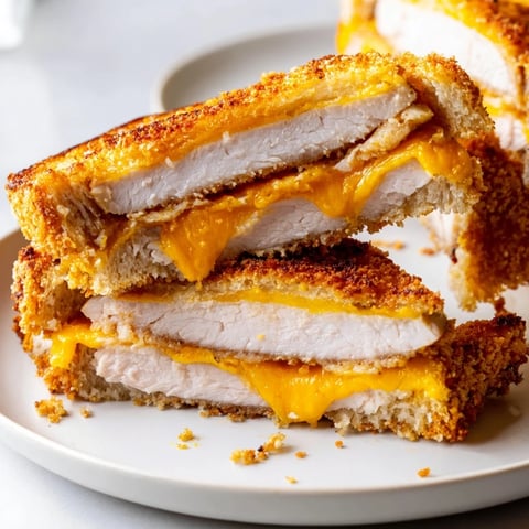 Golden-brown Crispy Panko Pork Chop Grilled Cheese with melted cheese oozing from the toasted bread.