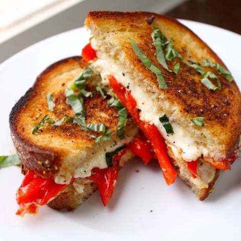 Golden, bubbly Roasted Red Pepper Grilled Cheese, with melted cheese and sweet roasted peppers overflowing.