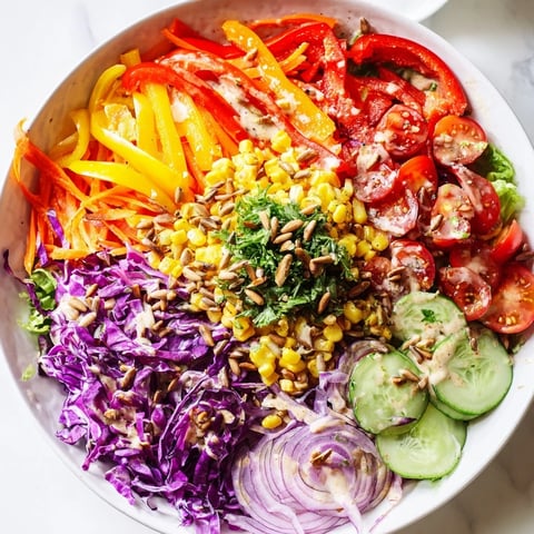 Rainbow Salad: A colorful mix of crisp veggies with creamy tahini dressing, a vibrant light meal.