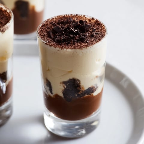 Elegant deconstructed Tiramisu Shots, layered with creamy mascarpone in small, sophisticated glasses.