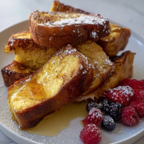 Golden, caramelized Ice Cream French Toast drizzled with maple syrup, a brunch delight.