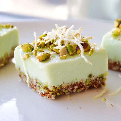 Delicious chilled Pistachio Cheesecake Bites, a beautiful bite-sized dessert with chopped pistachio garnish.