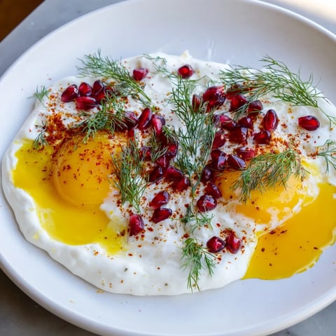 Fluffy poached eggs sit atop garlicky yogurt in this vibrant Çılbır breakfast delight.