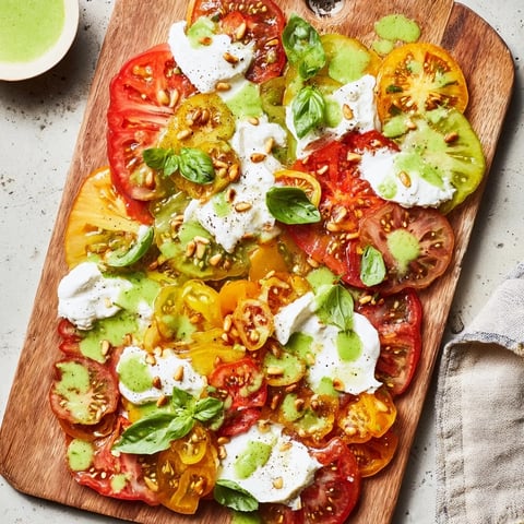 A close-up of the vibrant Heirloom Tomato Salad Board, showcasing ripe heirloom tomatoes, creamy burrata, and fragrant basil oil.