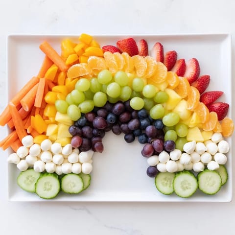 Vibrant Rainbow Cloud Snack Board arranged with colorful fruits and veggies, a fun and healthy snack.