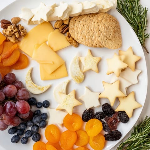 Moon & Stars Night Board with an array of cheeses, fruits, and star-shaped crackers.