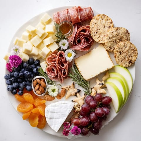 Cozy Forest Animal Board bursting with colorful fruits, assorted cheeses, and animal crackers for snacking.