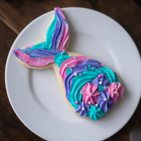 These festive mermaid tail sweets feature colorful buttercream and edible glitter on sugar cookies.