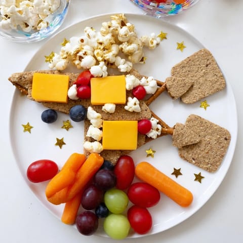 Blast Off Spaceship Snack Board with colorful veggies, cheese, and dips, ready to serve and enjoy.