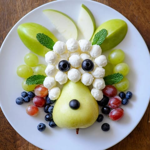 This easy Lamb Face Fruit and Cheese Platter features mozzarella 'wool' and vibrant fruit ready to enjoy.
