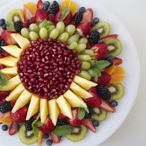 A festive Pomegranate Starburst Platter glistening with fresh fruit making it a refreshing appetizer.