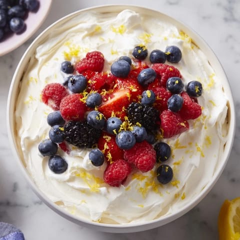 A bowl of fluffy cream cheese fruit dip surrounded by a vibrant medley of fresh, juicy berries.